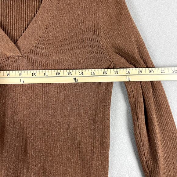 Anthropologie Maeve Thea Sweater Womens Large Brown Metallic Ribbed V Neck - Picture 7 of 16